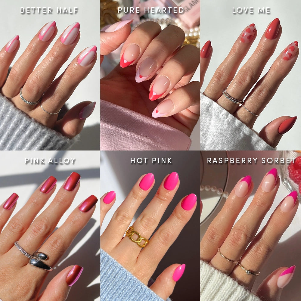 A collage of six hands with almond-shaped, glossy pink and red manicures—each labeled Better Half, Pure Hearted, Love Me, Pink Alloy, Hot Pink, and Raspberry Sorbet—shows off the glamnetic Lover Girl Bundle press-on nail set.