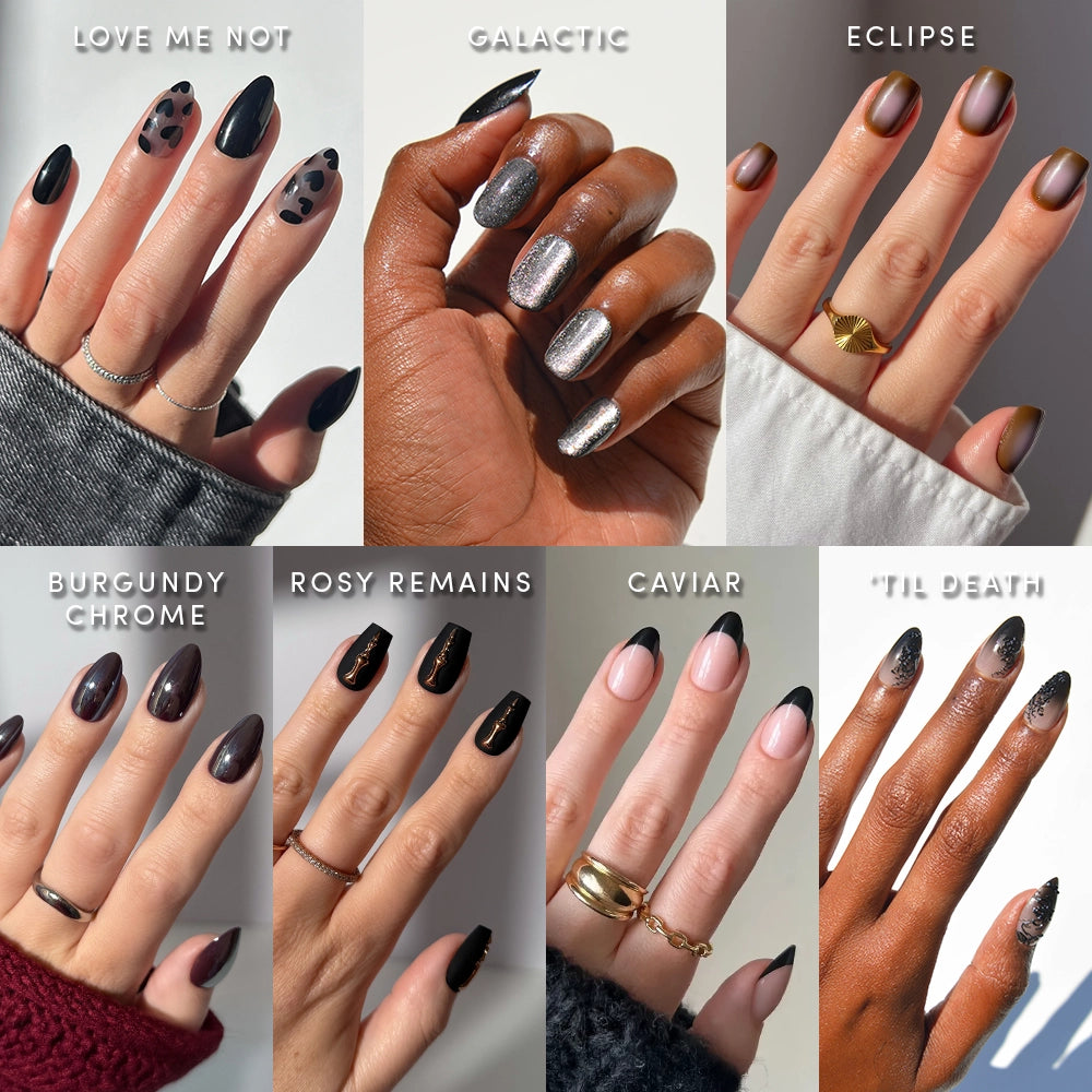 Glamnetic’s Not Your Valentine Bundle features eight bold nail designs: black with hearts, metallic silver, black tips, burgundy chrome, glossy burgundy, gold-studded black, and nude nails with edgy black glitter tips.