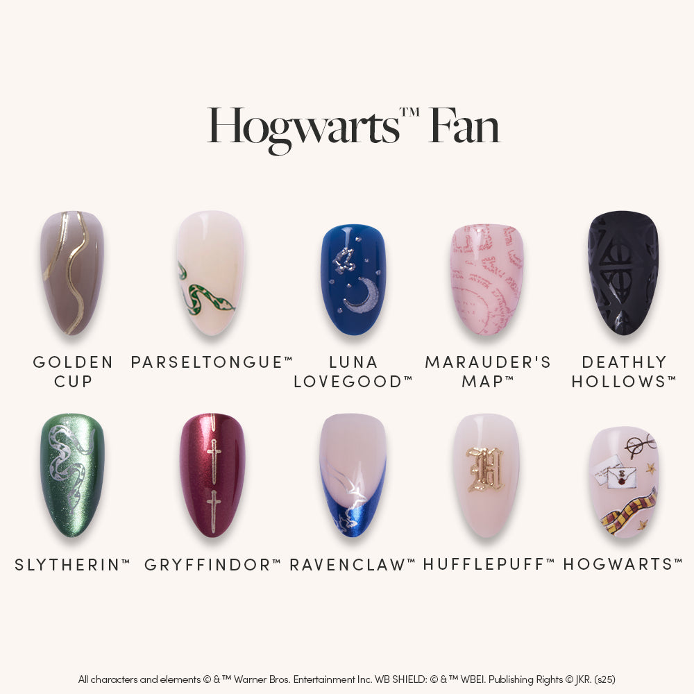 The glamnetic Hogwarts™ Fan set includes ten artificial nails with Harry Potter-inspired designs, showcasing symbols like the Marauder’s Map, Luna Lovegood, the golden cup, and emblems from Gryffindor and Slytherin.