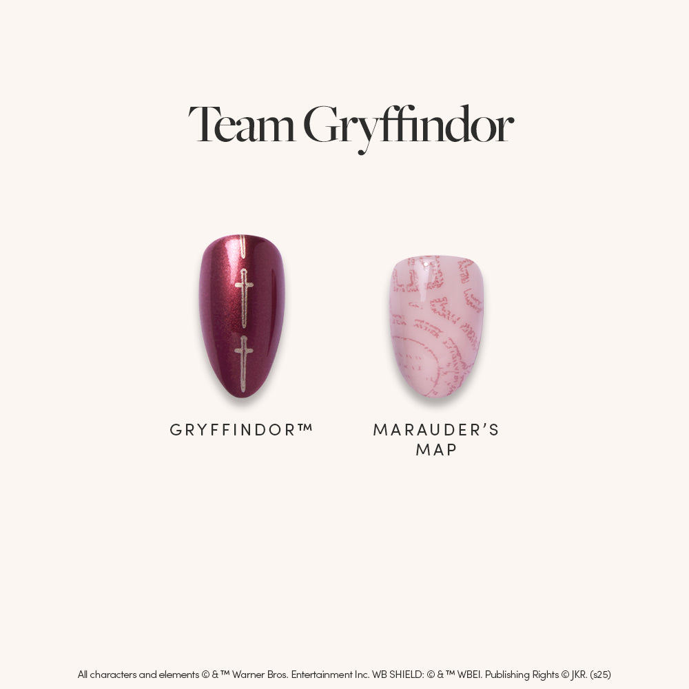 Under the heading "Team Gryffindor™" by glamnetic: maroon nails with gold sword art (Gryffindor nails) and pink nails featuring map-like lines (Marauder’s Map nails).