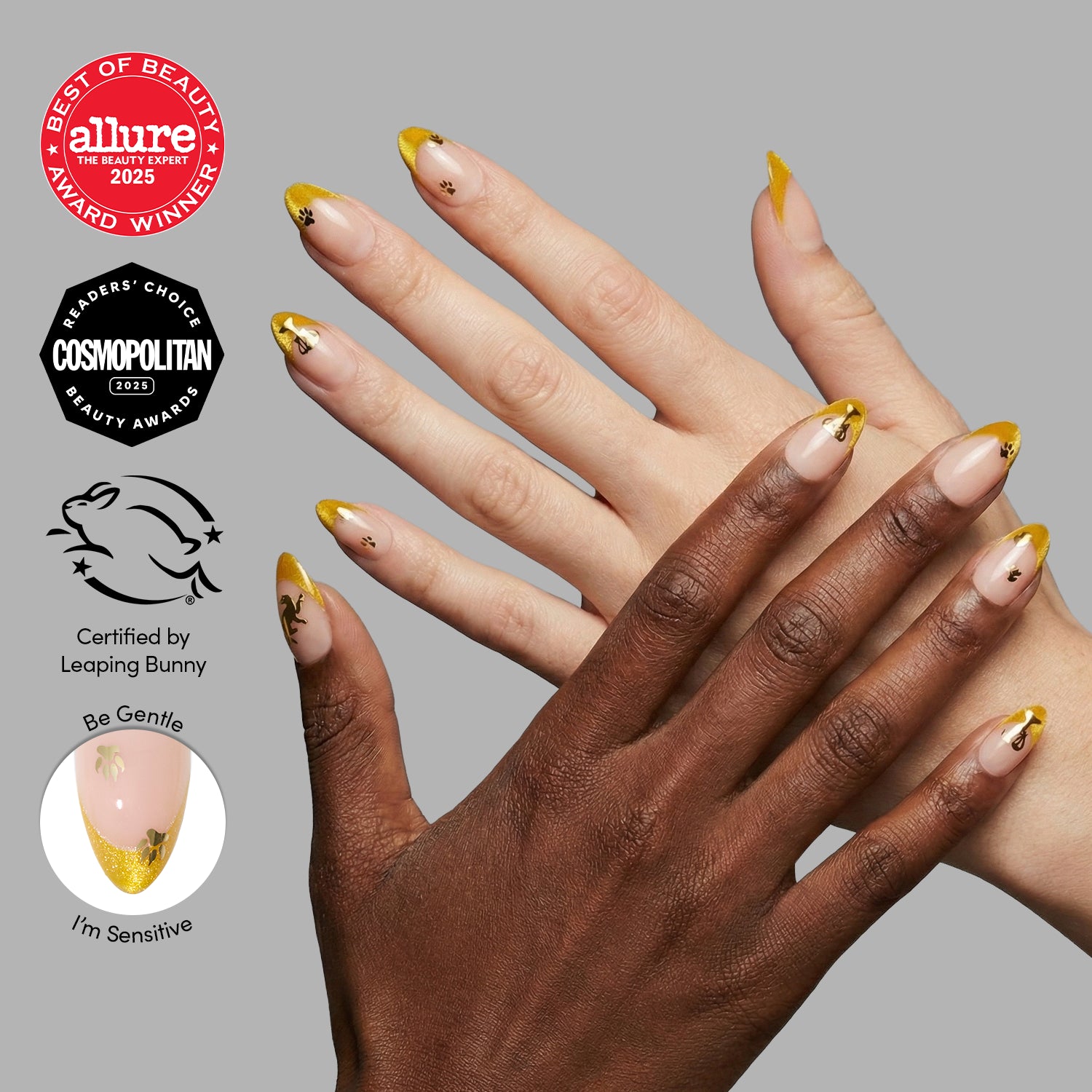 Four manicured hands showcase Helga Hufflepuff™ yellow velvet French tips with floral designs by glamnetic, set against a gray background. Beauty award logos and cruelty-free certification symbols appear on the left side.