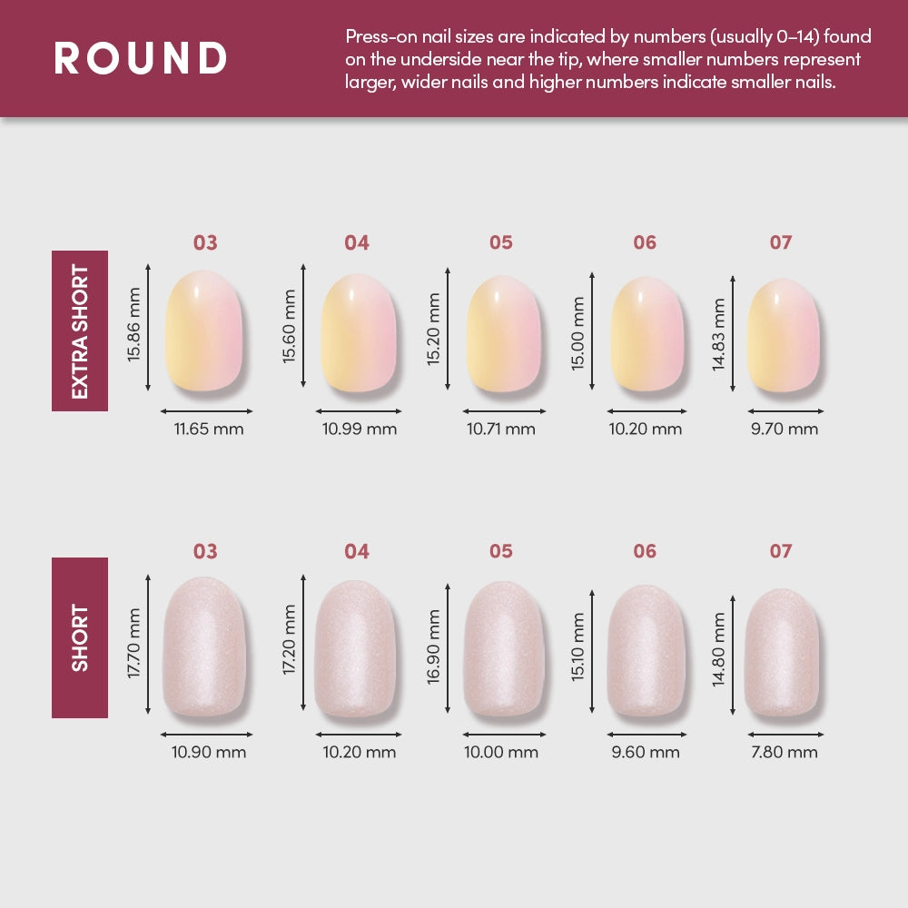 A chart displays glamnetic Sherbert round press-on nails in extra short and short (sizes 03-07) with pink ombre and nude colors. Each no-glue nail shows its size in millimeters below and beside it. - Product image