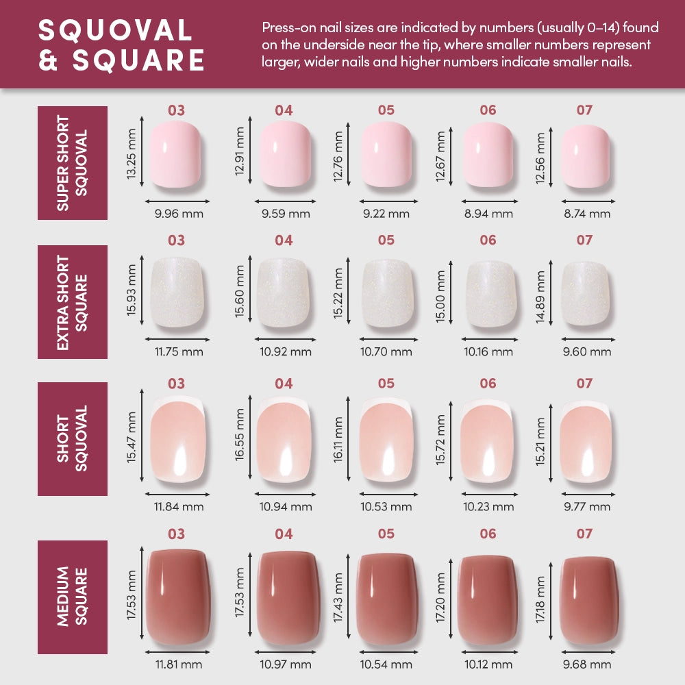 A chart displays glamnetic's Daydream Veil press-on nails in squoval and square shapes. Rows show sizes, dimensions, and categories: extra-short square, super-short squoval, short squoval, and medium square across various shades. - Product image