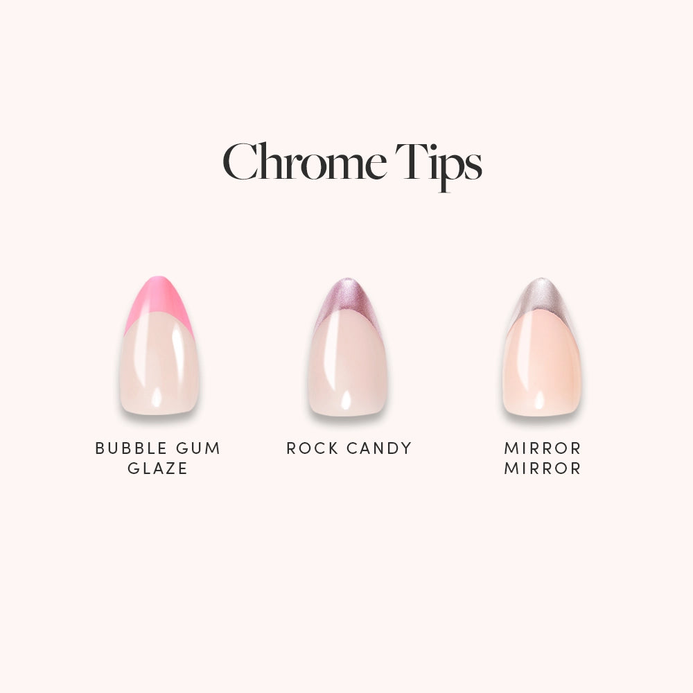 Glamnetic's Chrome Tips set features three almond press-on nails with chrome French tips—pink Bubble Gum Glaze, metallic Rock Candy, and silver Mirror Mirror. These vegan, cruelty-free nails come on a light background.