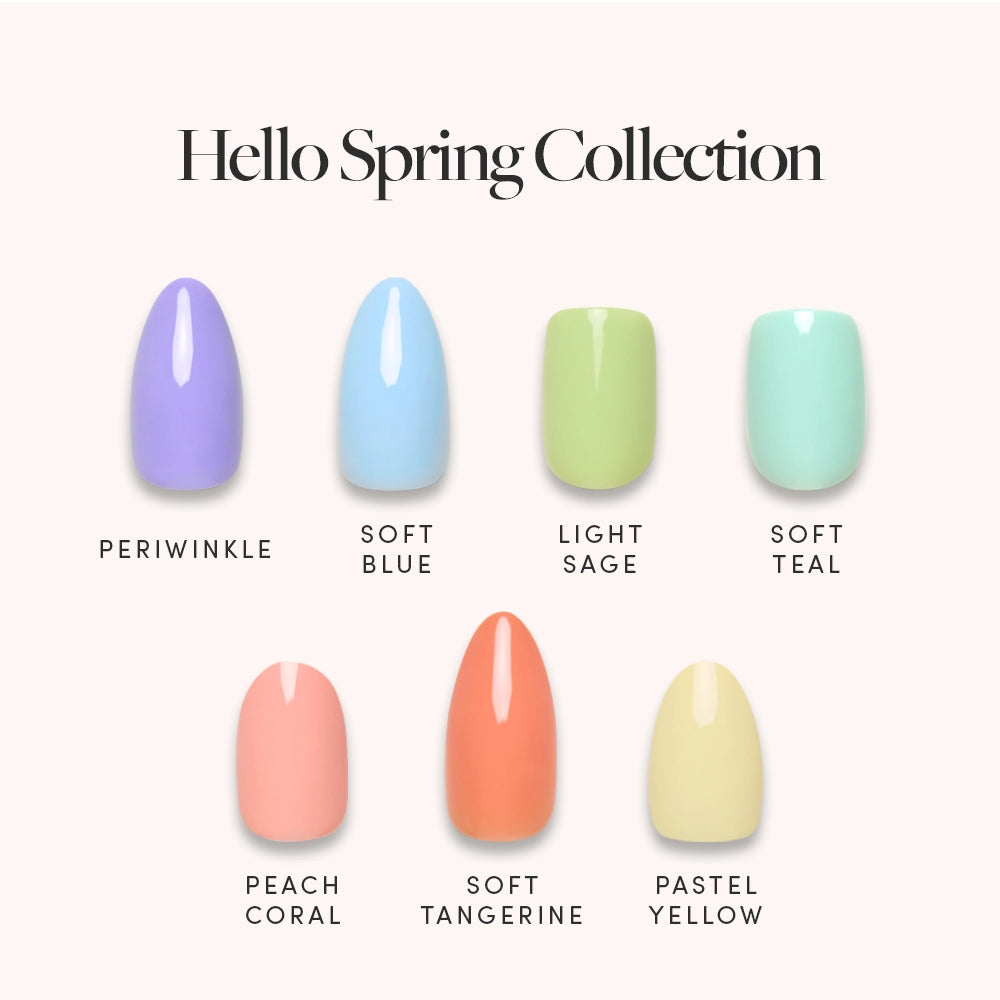 Image showing seven pastel nails from the glamnetic Hello Spring Collection: periwinkle, soft blue, light sage, soft teal, peach coral, soft tangerine, and pastel yellow—salon-quality for a fresh spring look.
