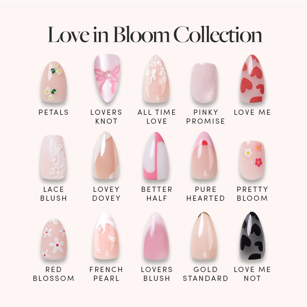 The glamnetic Love In Bloom Collection showcases 15 nail art designs with floral, heart, and elegant pink patterns—each named and ideal for short almond nails or chic press-ons.