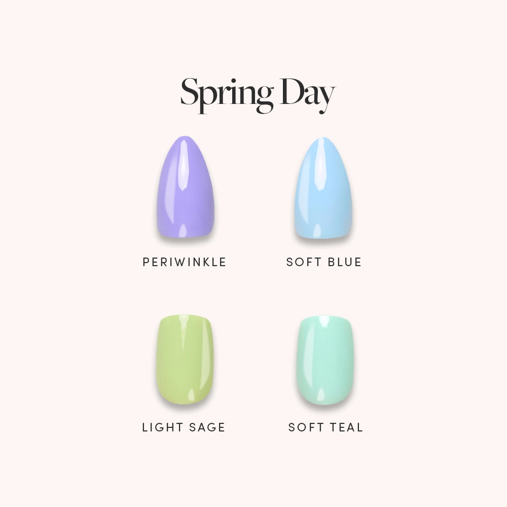 Four Spring Day polish swatches from glamnetic—periwinkle, soft blue, light sage, and soft teal—are arranged in a grid on a light background, showcasing perfect pastel nails for the season. - Product image