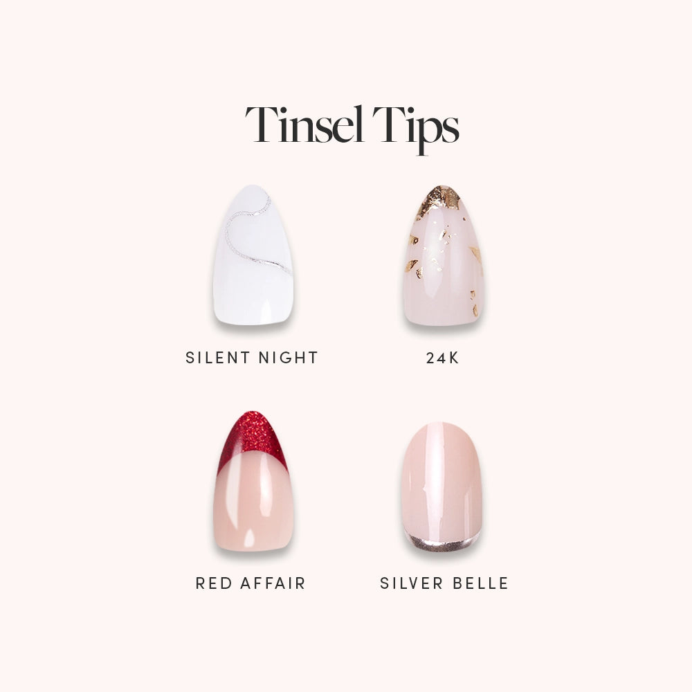 Four semi-transparent, short almond nail sets—Silent Night, 24K, Red Affair, and Silver Belle—shine in glamnetic’s Tinsel Tips collection of vegan, cruelty-free nails.
