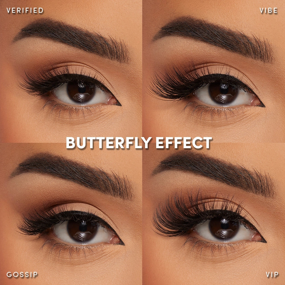 Close-up of four eyes with glamnetic’s Butterfly Effect false lashes—Verified, Vibe, Gossip, and VIP—showcasing unique cat-eye looks from the spring lashes bundle.