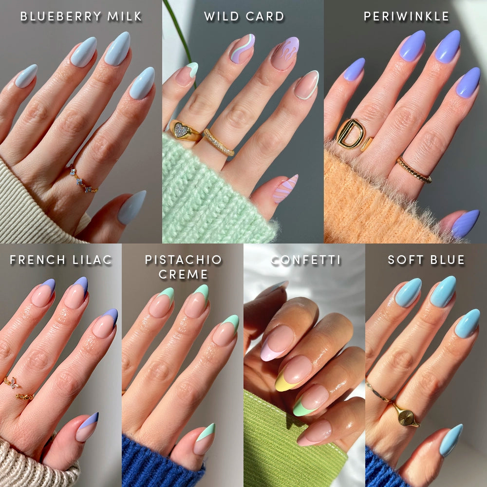 Collage of eight manicured hands with short almond nails, each featuring a unique pastel set—like glamnetic's Almond Blossom. Soft lighting and minimal rings showcase the glossy finish on every design.