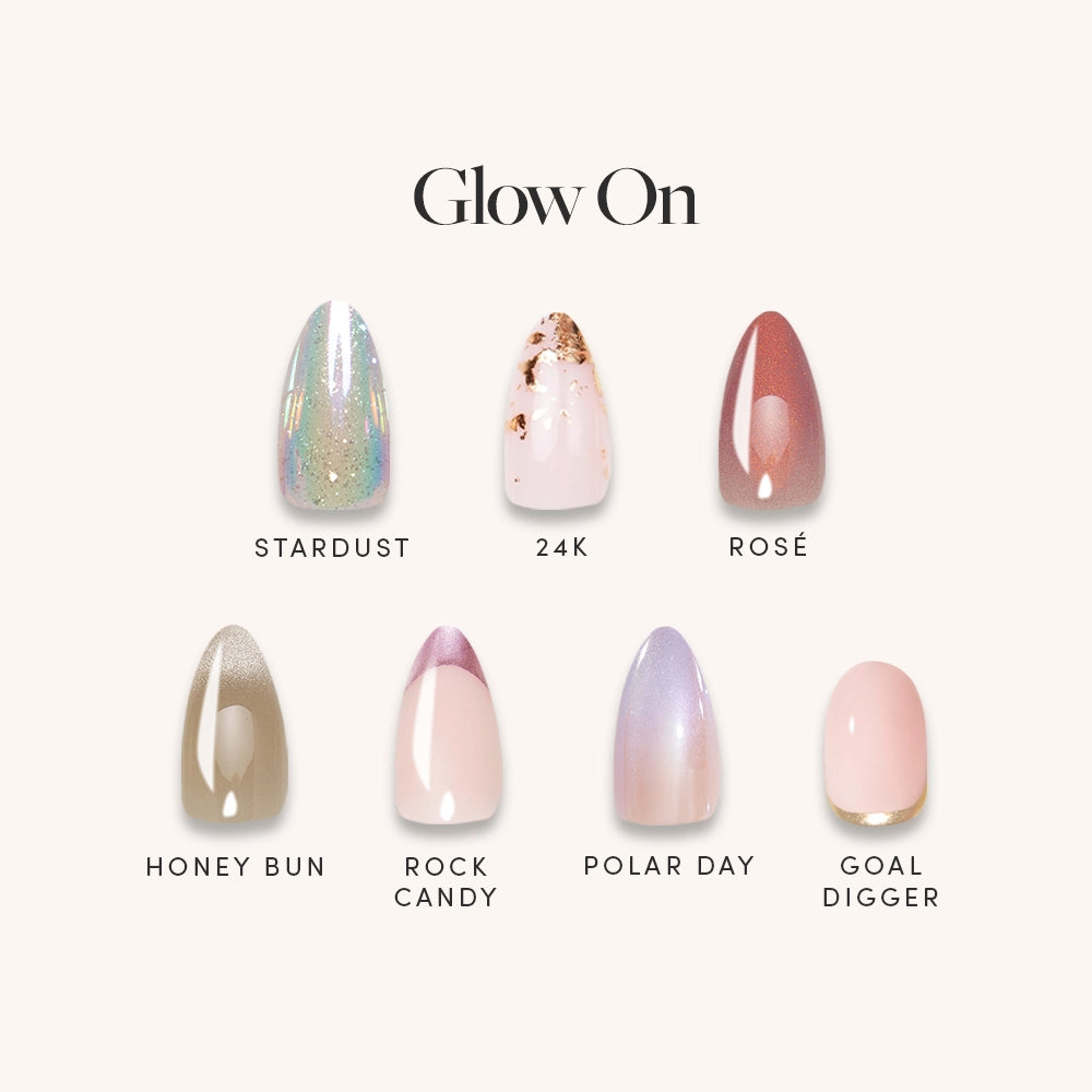 Under the Glow On heading, glamnetic displays six almond nail designs—Stardust, 24K, Rosé, Honey Bun, Rock Candy, and Polar Day—with velvet finishes and metallic shimmer on a light background.