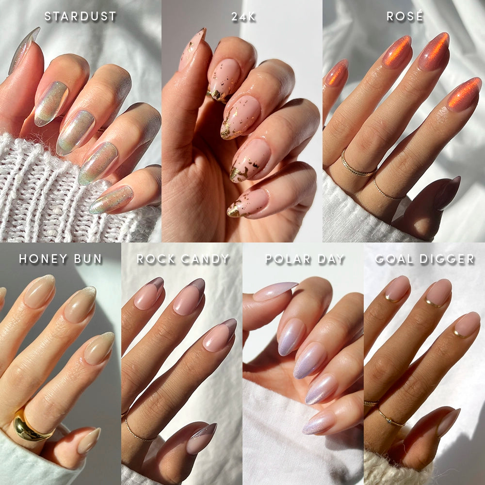 A collage of eight hands shows off glamnetic's Glow On almond nail set, featuring shiny nude, pink, and gold metallic manicures with a velvet finish.