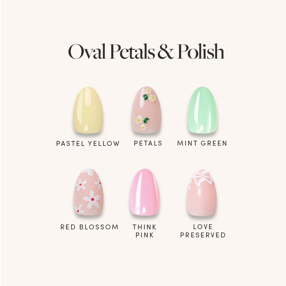 Discover Oval Petals &amp; Polish by glamnetic, featuring six short oval nail designs: pastel yellow, petals (pink with small flowers), mint green, red blossom, think pink, and love preserved—perfect pastel nail polish shades.