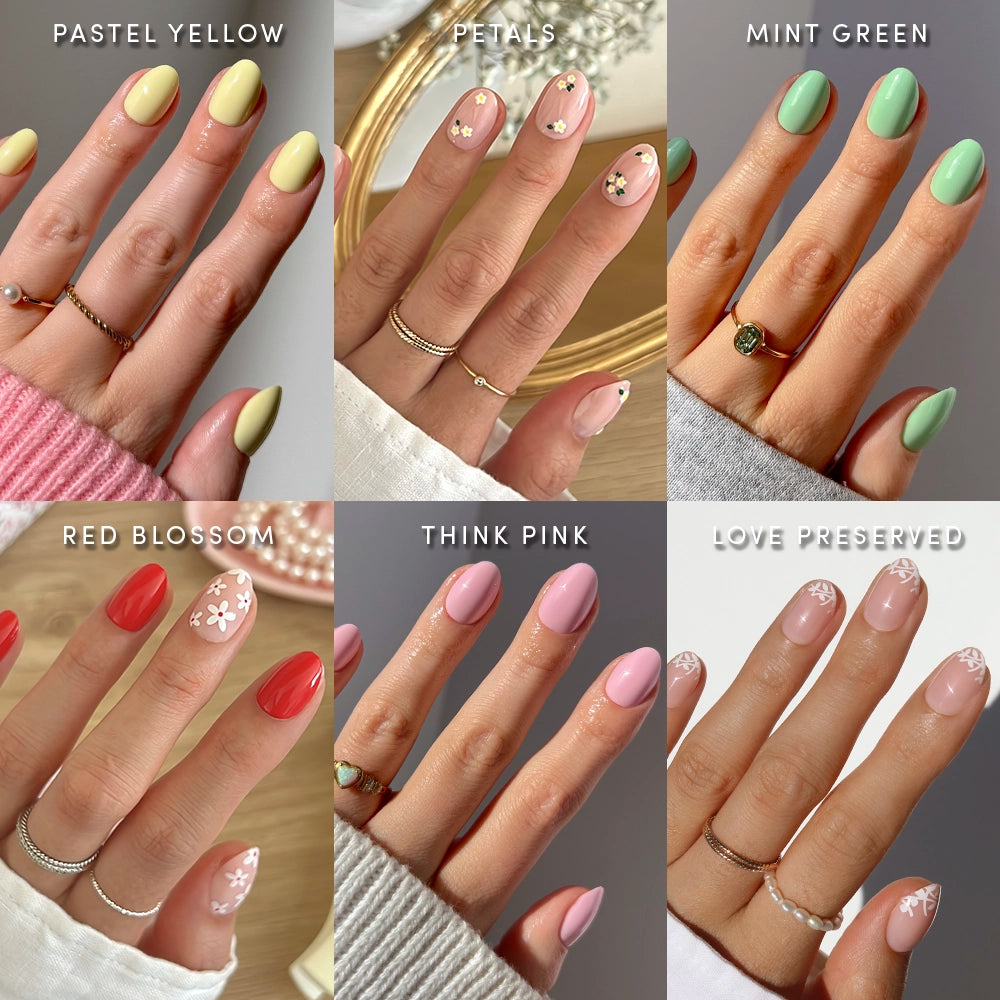 A collage showcases six manicured hands wearing rings, each featuring glamnetic’s Oval Petals & Polish press-ons in pastel shades—yellow, pink with white petals, mint green, red with blossoms, pale pink, and nude with floral tips.