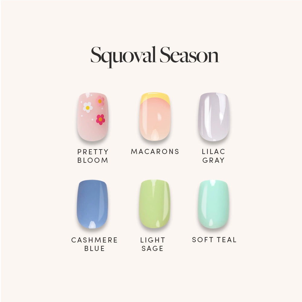 Glamnetic's Squoval Season features six pastel squoval nail polish shades: Pretty Bloom (pink with flowers), Macarons (peach/yellow), Lilac Gray, Cashmere Blue, Light Sage, and Soft Teal—your perfect spring nail bundle.