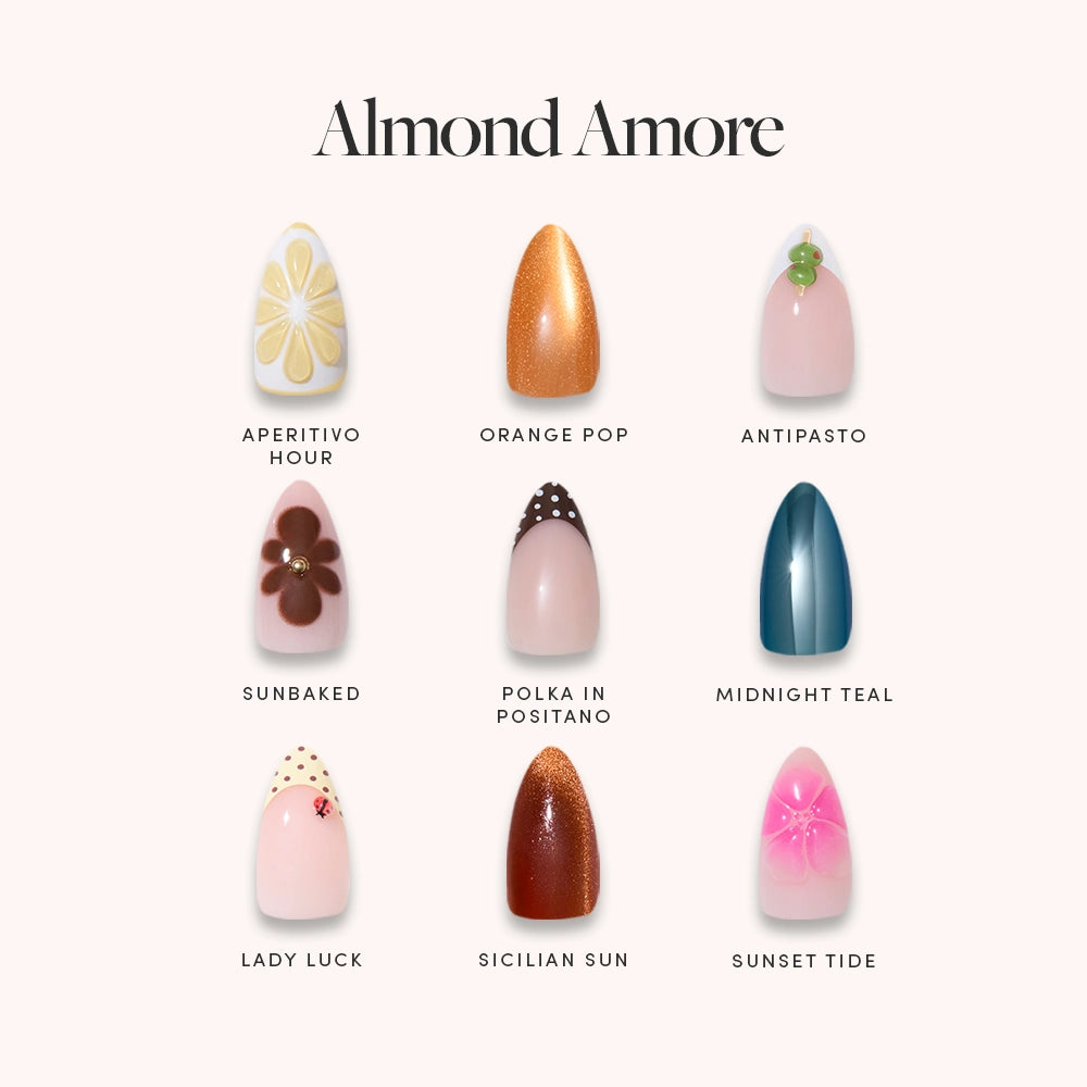 A grid of nine short almond nails by glamnetic, each set named Almond Amore and featuring unique colors and designs such as French tips, vibrant hues, Aperitivo Hour, Orange Pop, Antipasto, and Midnight Teal.