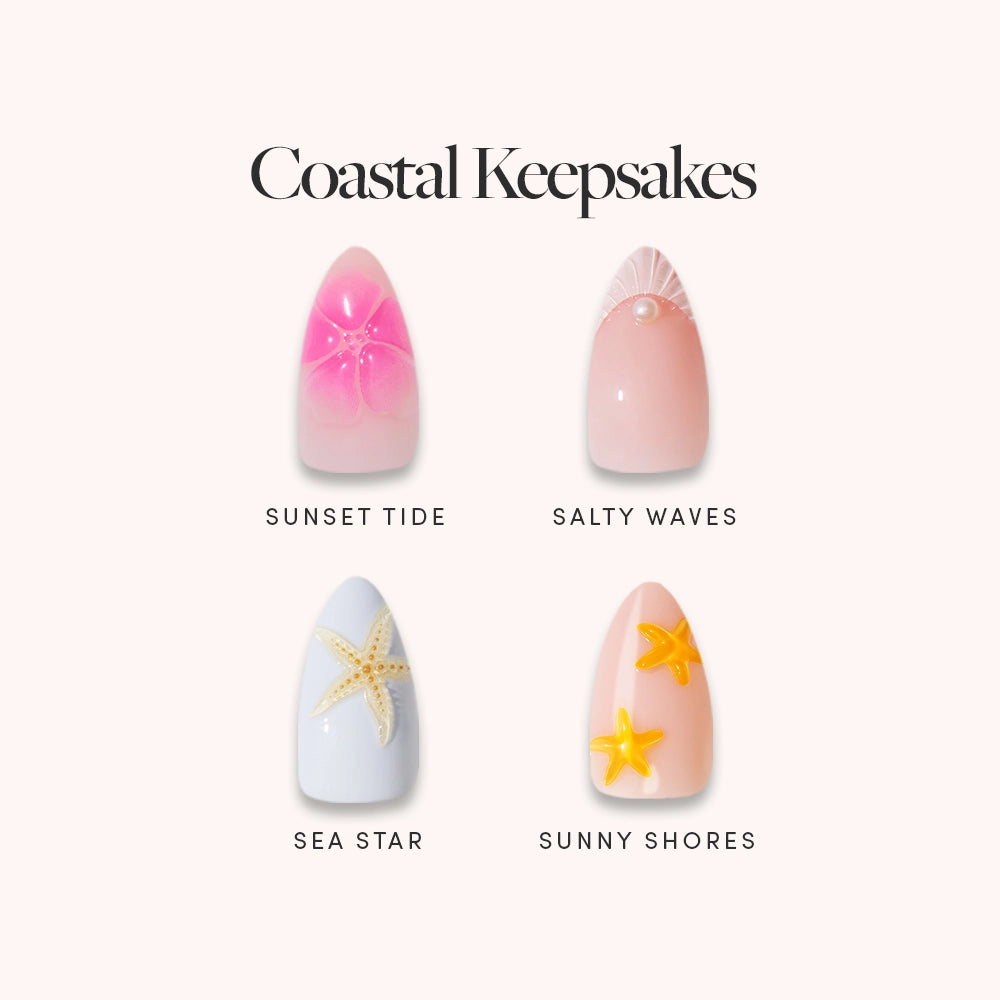 Coastal Keepsakes by glamnetic features four artificial nails with beachy designs: pink with a flower, nude with pearls and lines, white with beige starfish art, and nude with yellow starfish.