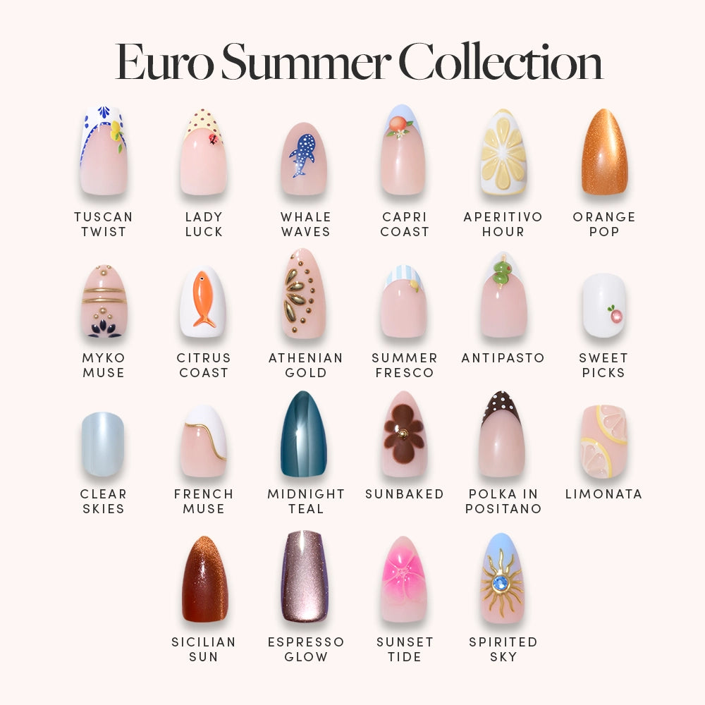 A display of 24 glamnetic Euro Summer Collection press-on nails, each featuring a labeled, unique summer design, arranged in a grid on a light beige background.