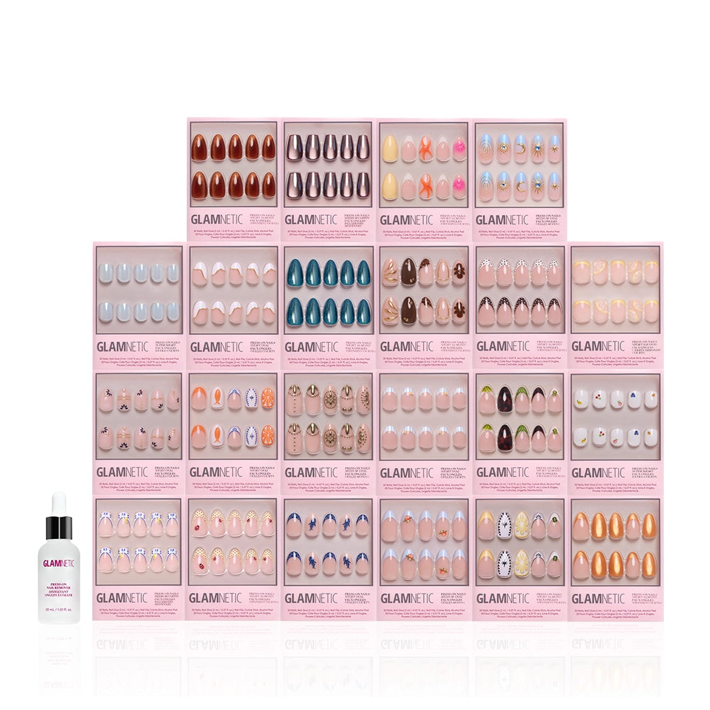 A grid display of 25 glamnetic Euro Summer Collection salon-quality press-on nails in assorted colors and designs, with a bottle of glamnetic nail glue in front, all set against a white background. - Product image