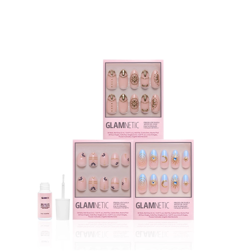 Three sets of glamnetic Greek Goddess salon-quality press-on nails in chic pink boxes, shown with nail glue and an applicator on a white background—your perfect decorative pink nail bundle. - Product image
