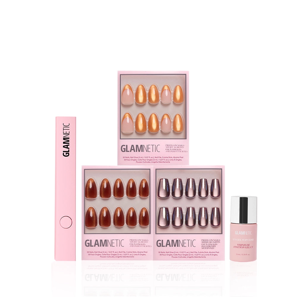 The glamnetic La Vida Velvet almond nail set comes in three colors with multi-dimensional shimmer, plus a pink nail file and pink nail glue, all shown on a white background. - Product image