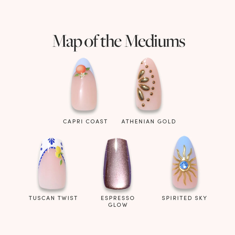 The glamnetic Map of the Mediums bundle includes five chic medium press-on nails—Capri Coast, Athenian Gold, Tuscan Twist, Espresso Glow, and Spirited Sky—for a fresh French tip look with unique designs.