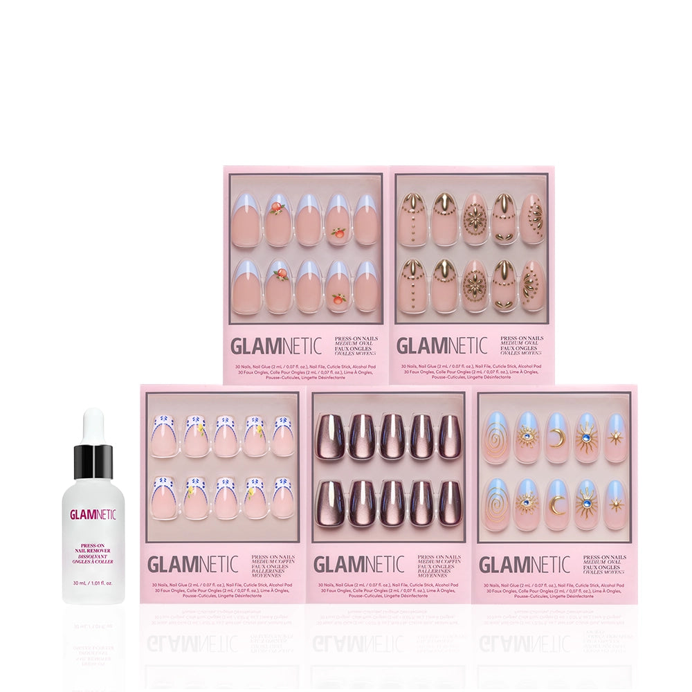 Six pink Map of the Mediums by glamnetic medium press-on nail sets with various designs are arranged in two rows, alongside a glamnetic cuticle oil bottle. The chic bundle includes classic French tip options, all displayed on a white background. - Product image