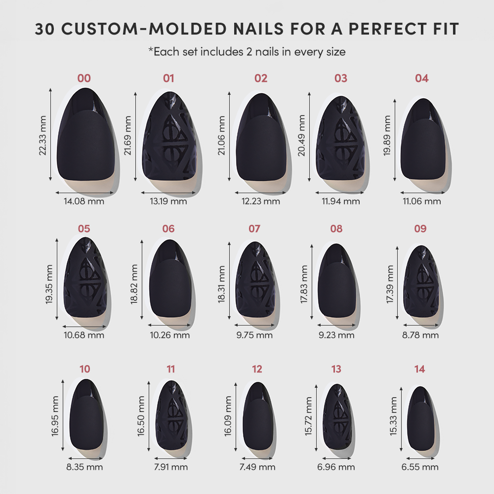 A chart displays 15 sizes of glamnetic Deathly Hallows™ custom-molded nails in black and beige—including matte black press-ons—each numbered and labeled with the width in millimeters, arranged in two columns. - Product image