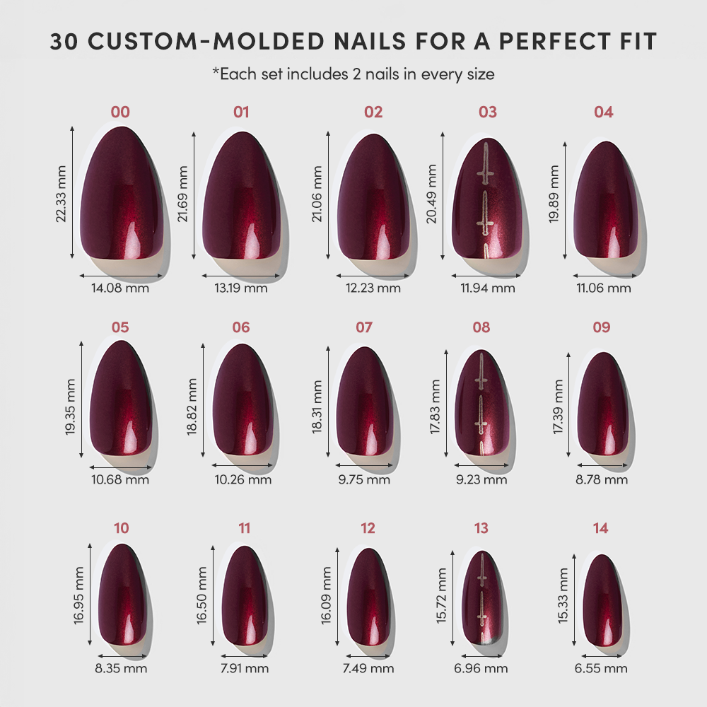 A set of 15 different-sized Gryffindor™ scarlet chrome almond nails by glamnetic, shown with mm length and width measurements, arranged in three rows under the heading “30 Custom-Molded Nails for a Perfect Fit.”. - Product image