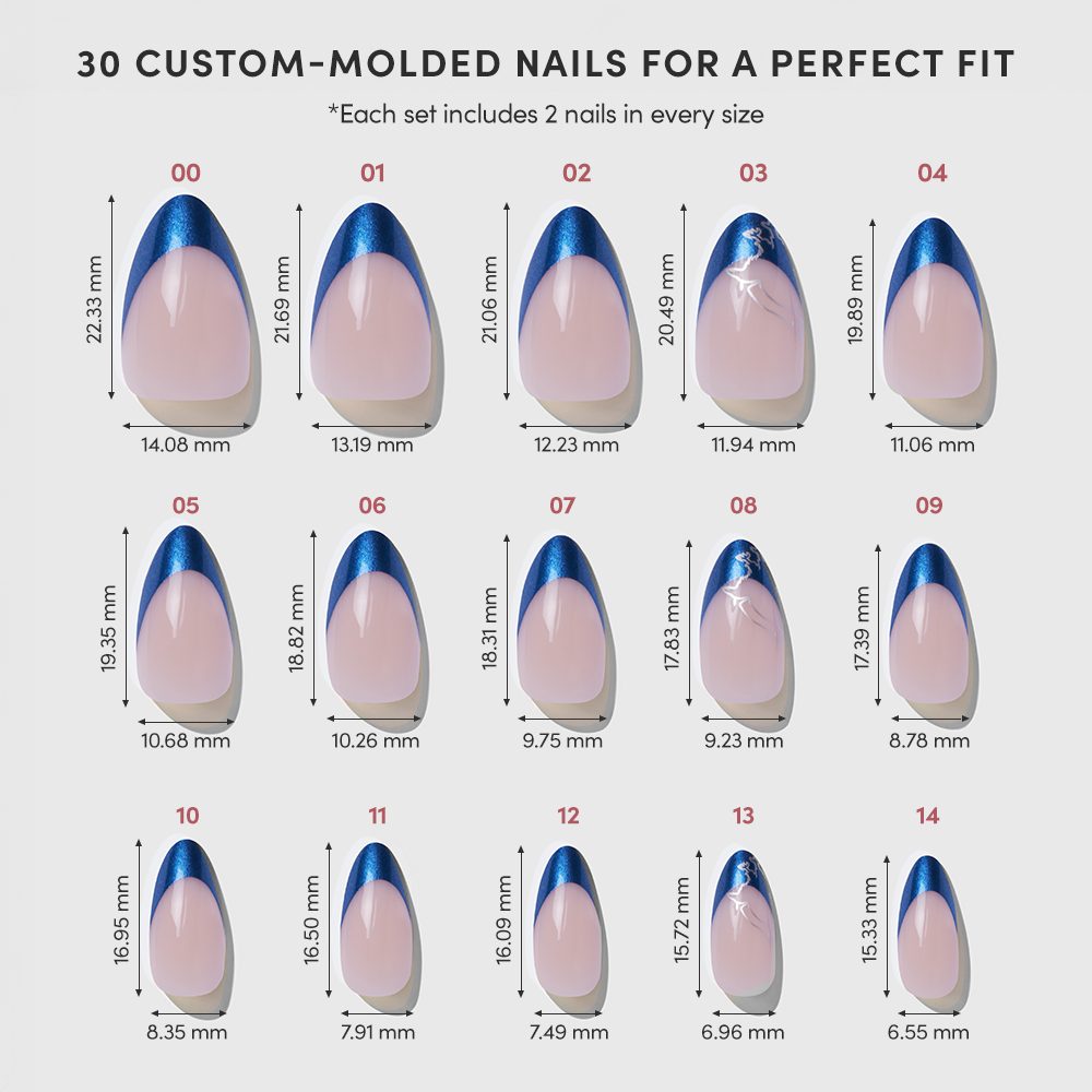 A chart displays 15 sizes of glamnetic’s Ravenclaw™ press-on nails, each with width and length measurements, arranged in descending order from left to right and top to bottom. - Product image