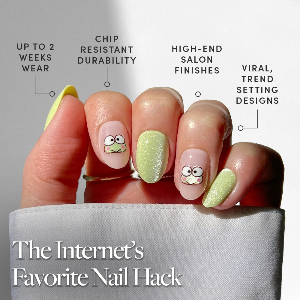 A hand with light green, glittery Keroppi™ nails by glamnetic, two featuring cute Sanrio faces. Enjoy up to 2 weeks wear, chip-resistant polish, high-end salon finish, and a viral nail design trend. - Product image