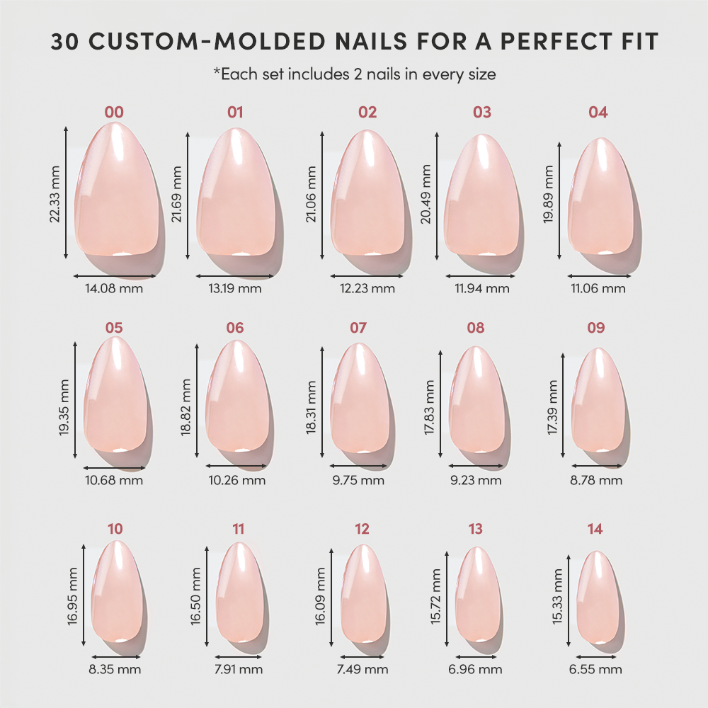 A chart displays 15 custom-molded press-on nail sizes (00–14) with individual mm measurements. Above, text describes glamnetic's Los Angeles set: 30 short almond nude-blush nails per set for a perfect fit. - Product image