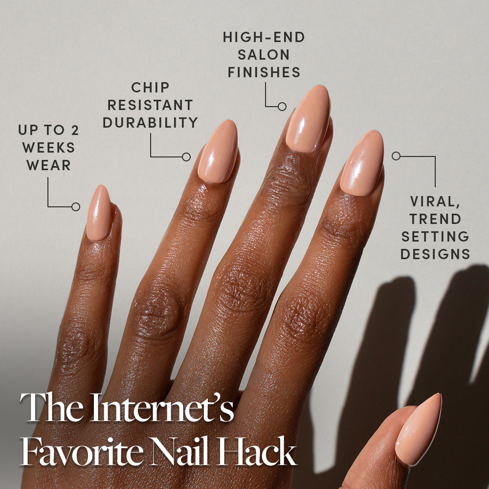 A hand sports glossy, short almond nails from glamnetic’s Los Angeles set. Highlighted features: up to 2 weeks wear, chip-resistant durability, salon-quality finish, and trendsetting designs. Caption: The Internet’s Favorite Nail Hack. - Product image