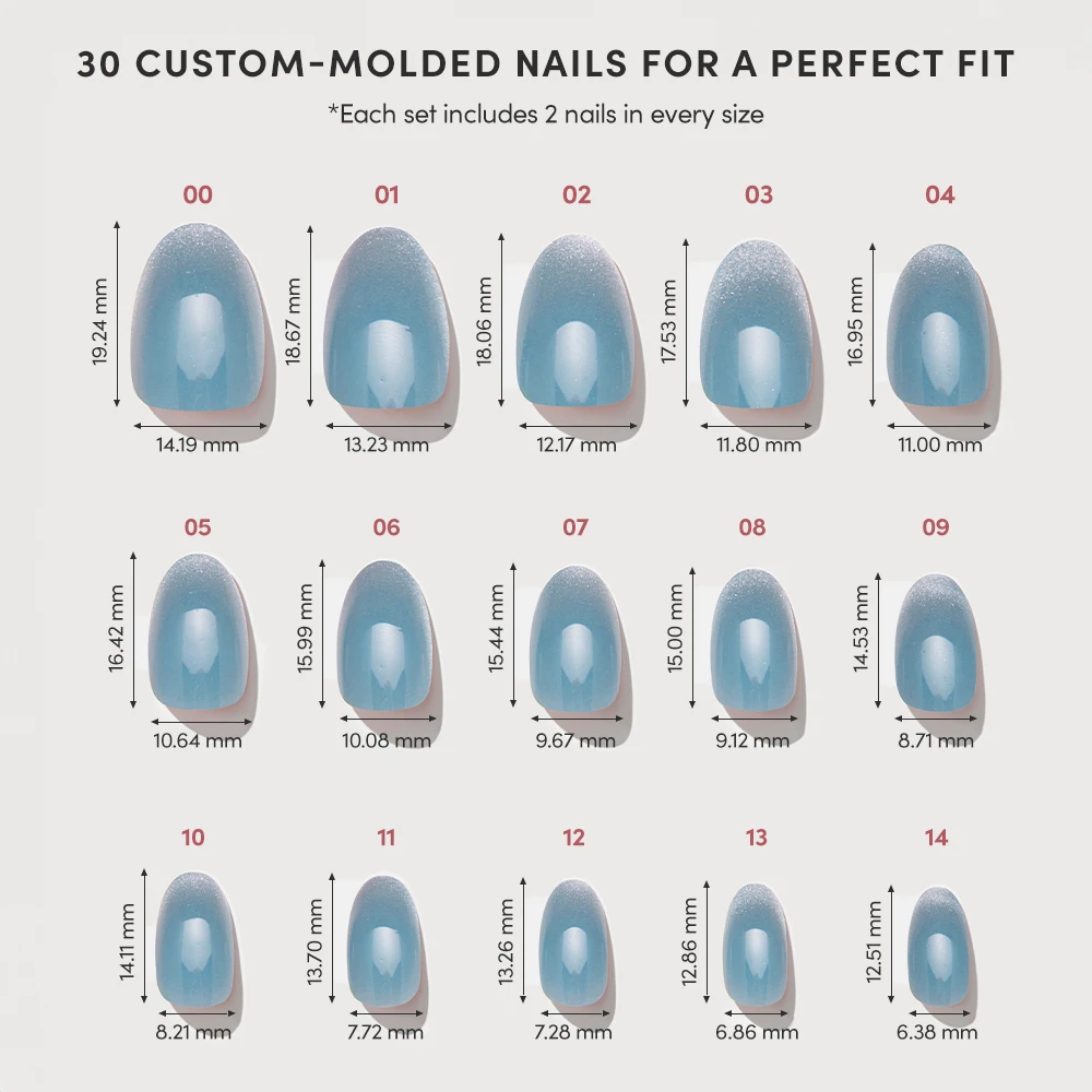 A chart displaying 15 different sizes of glamnetic's Baby Blues custom-molded press-on nails, each with length and width in millimeters. Each size includes two nails per set for a total of 30 nails. - Product image