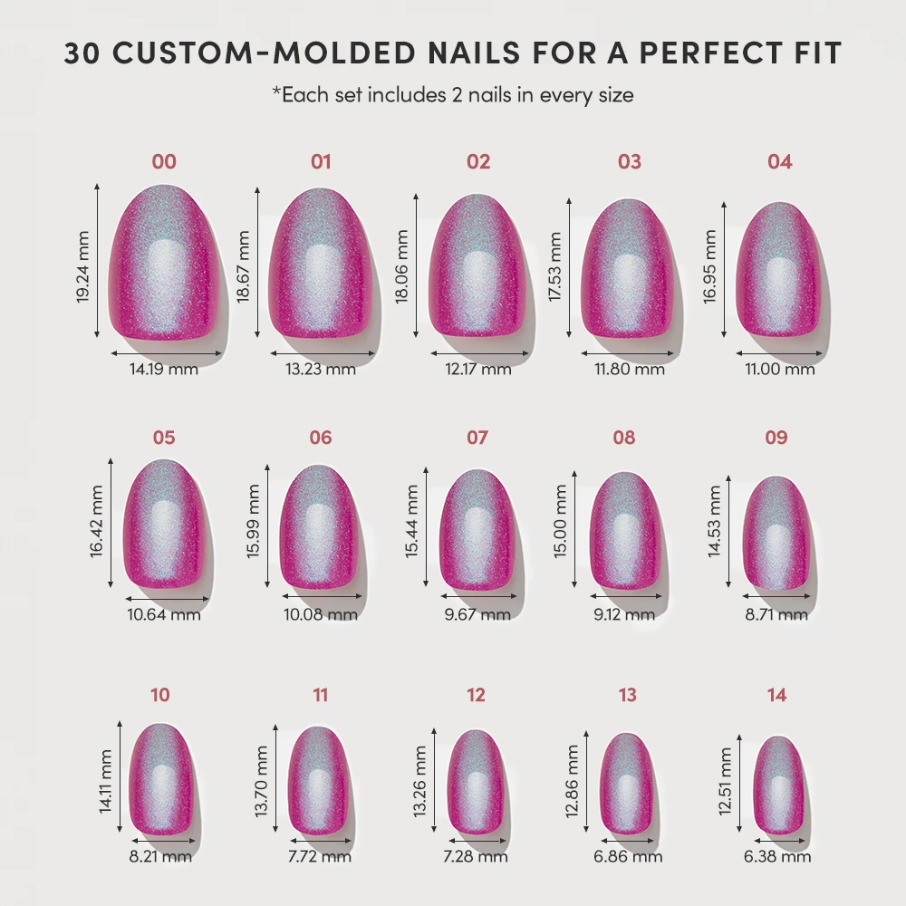 A chart shows 15 custom-molded glamnetic Berry Fizz pink and white short oval press-on nails, each numbered with width and length in mm. Text above states: 30 Berry Fizz nails for a perfect fit. - Product image