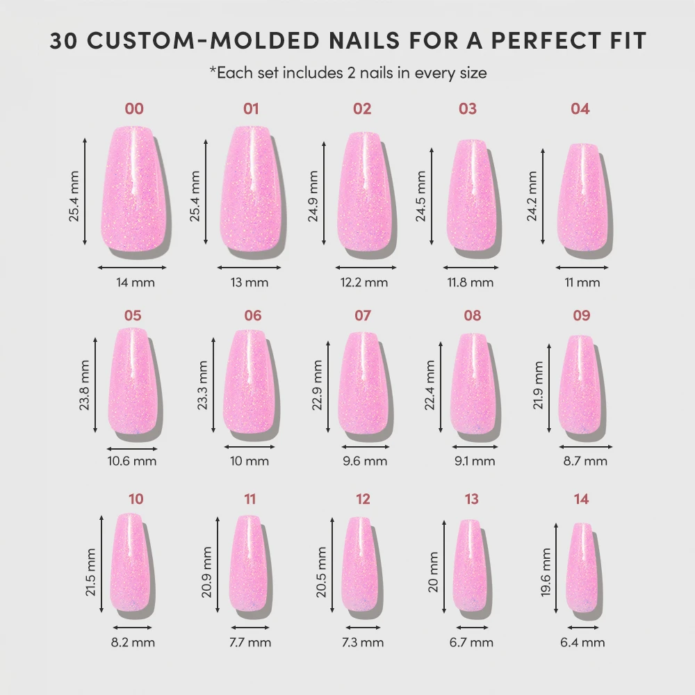 A chart shows 15 sizes of glamnetic Juicy pink, sparkly coffin-shaped press-ons, each labeled with size number and measurements in mm. Each set includes two of each size for a total of 30 glossy custom-molded nails. - Product image