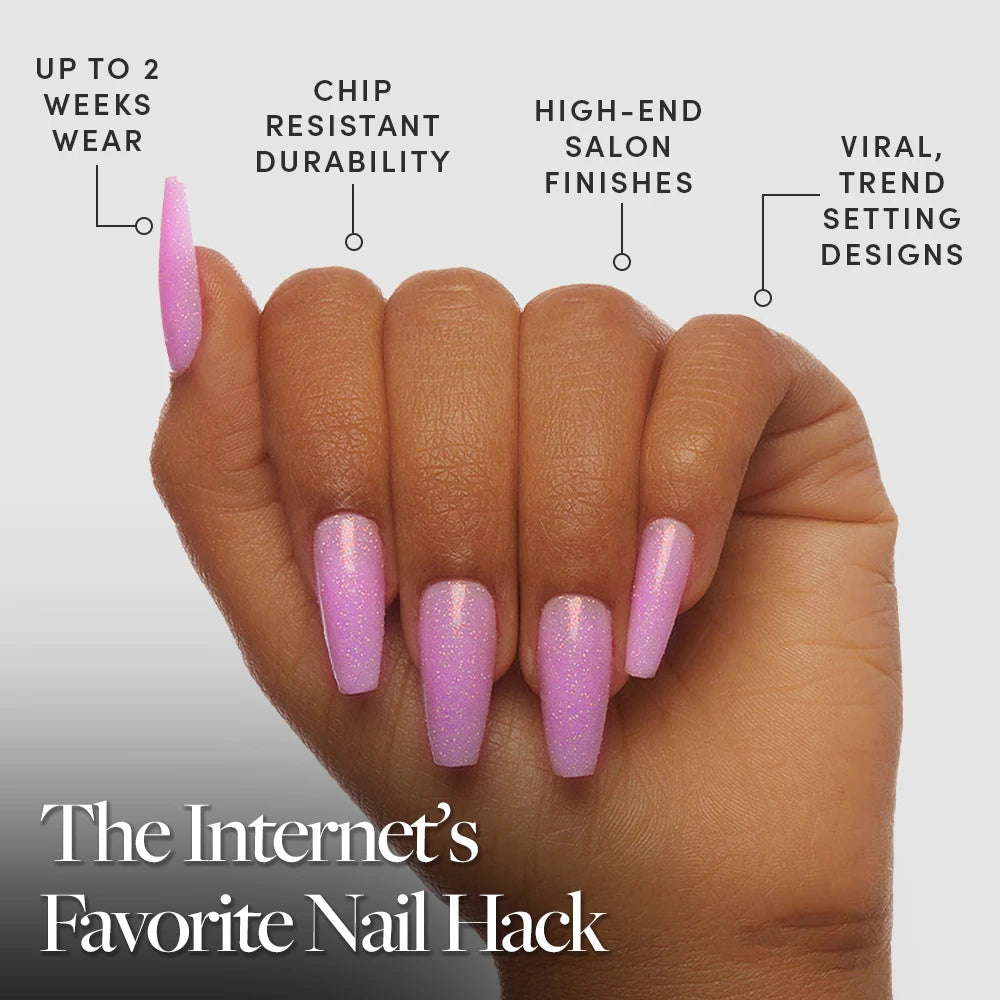 A hand with long, glossy Juicy press-on pink coffin nails from glamnetic is shown, highlighting up to 2 weeks wear, chip resistance, salon-quality finish, and trendy designs. At the bottom: “The Internet’s Favorite Nail Hack.”. - Product image