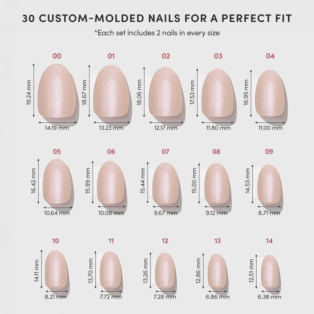 A glamnetic Pure Intentions chart shows 15 sizes of custom-molded, nude, vegan press-on nails. Measurements for both length and width are listed under each short round nail for a perfect fit. - Product image