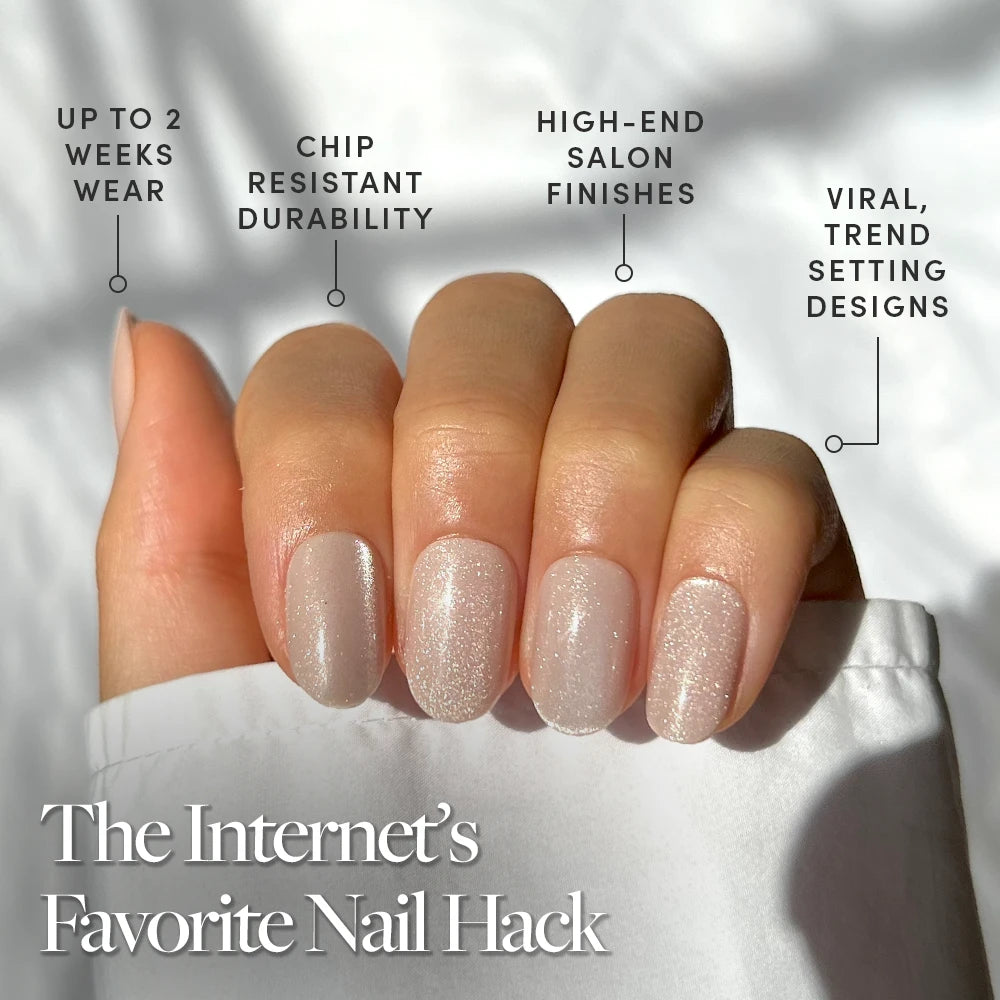 A hand with five manicured, short round nails in Pure Intentions by glamnetic—a sheer, sparkly press-on. Enjoy up to 2 weeks wear, chip resistance, high-end shine, and trendy style. The Internet’s Favorite Press-On Nail Hack. - Product image