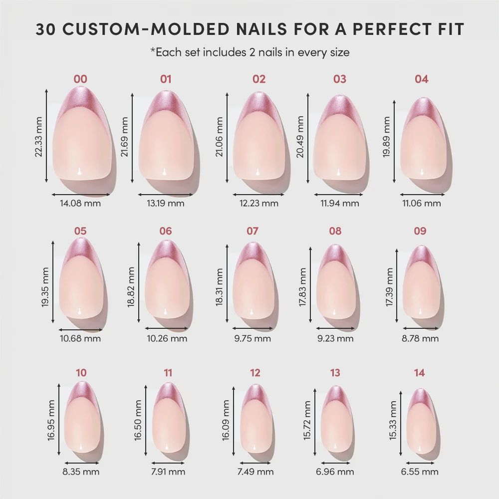 A chart displaying 15 sizes of glamnetic’s Rock Candy custom-molded press-on nails, each with pink or chrome rose gold French tips. Every nail is labeled by number, length, and width (mm), with 2 short almond nails per size in each set. - Product image