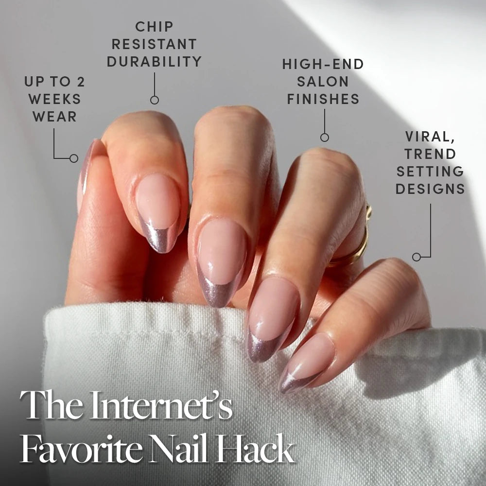 Short almond nails with Rock Candy by glamnetic feature metallic chrome rose gold French tips for up to 2 weeks of chip-resistant, salon-quality wear. Viral press-on design. Text: The Internet’s Favorite Nail Hack. - Product image