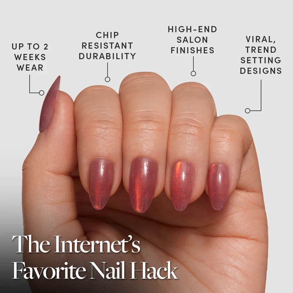 A hand with neatly manicured, shimmering mauve Rosé press-on nails by glamnetic is shown. Text highlights up to 2 weeks wear, chip-resistant durability, high-end salon finishes, and viral trend-setting designs. - Product image