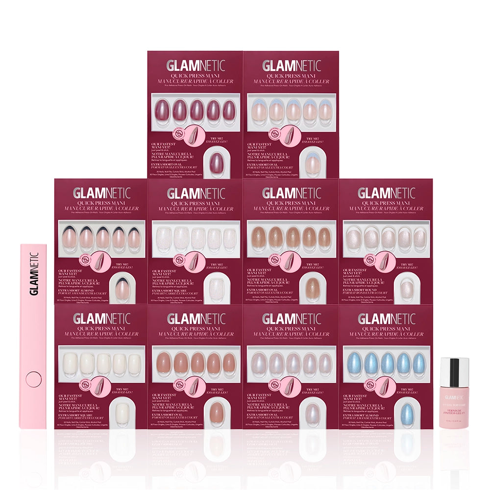Ten packs of glamnetic Les Petites Polishes in assorted colors and styles are displayed in a grid. A pink nail file and a small Glamnetic nail glue bottle complete this set, all presented on a sleek white background. - Product image
