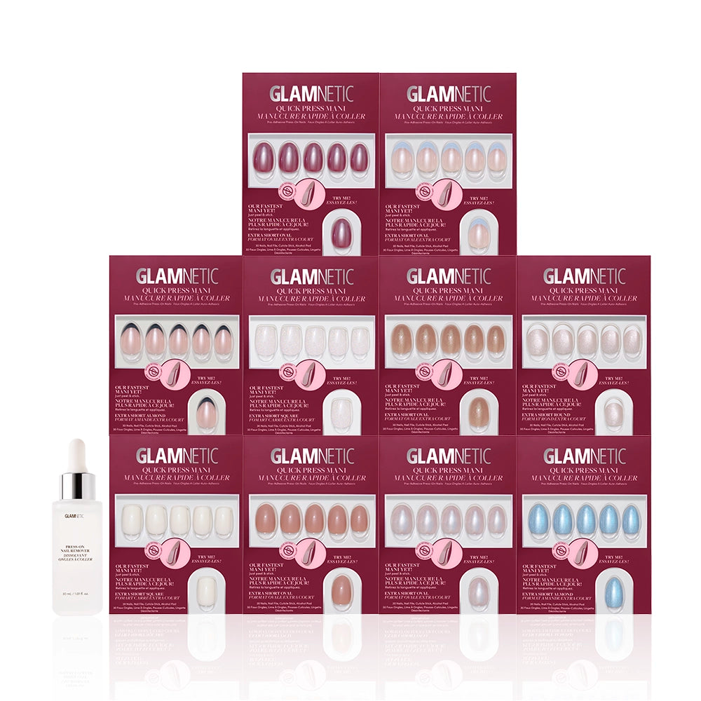 A display of ten glamnetic Les Petites Polishes in assorted colors and finishes, arranged in two rows, with a dropper bottle of cuticle oil in front—ideal for effortless Quick Press Manis. - Product image