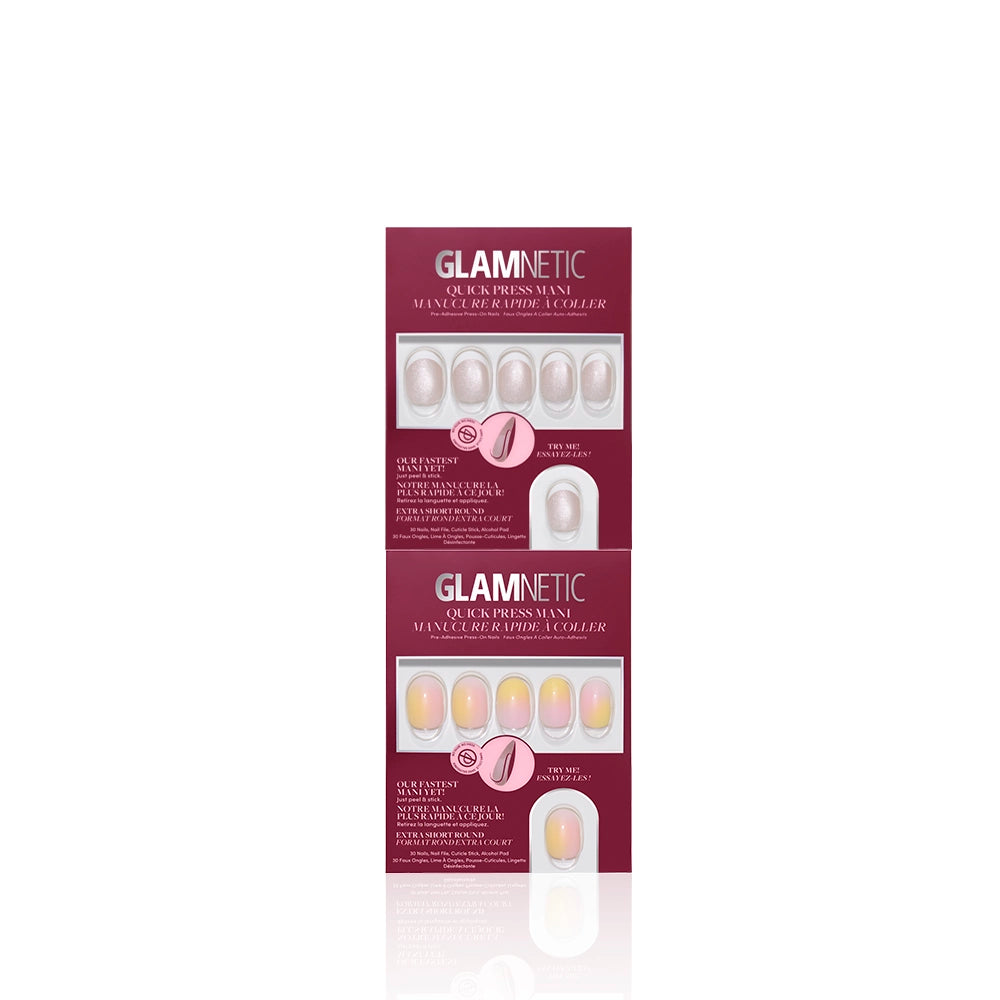 Two packs of glamnetic "Making The Rounds" quick press-on nails are shown, each featuring gradient pastel stick-on nails in a pink and white box with product info. - Product image