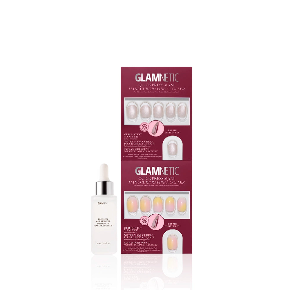 Two sets of glamnetic Making The Rounds press-on nails in pink boxes are stacked above a glamnetic cuticle oil bottle with dropper, all on a white background. These easy, no-glue nails bring style and convenience to your manicure routine. - Product image