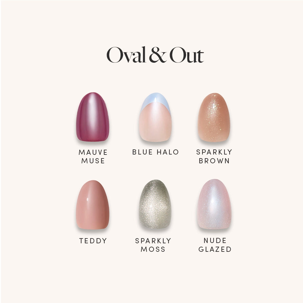 Six Oval & Out nail polish samples by glamnetic—Mauve Muse, Blue Halo, Sparkly Brown, Teddy, Sparkly Moss, Nude Glazed—offer chic extra short oval nails for quick press-on manis with no glue needed. - Product image