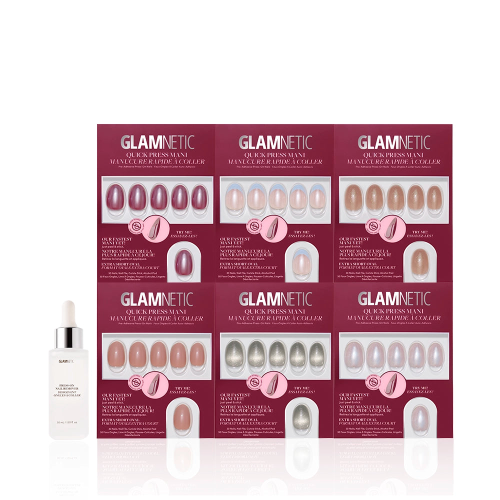 Six glamnetic "Oval & Out" no-glue nail sets in extra short oval shape and assorted finishes are arranged in two rows. Up front, a small white dropper bottle sits on a white background—ideal for quick press-on manis. - Product image