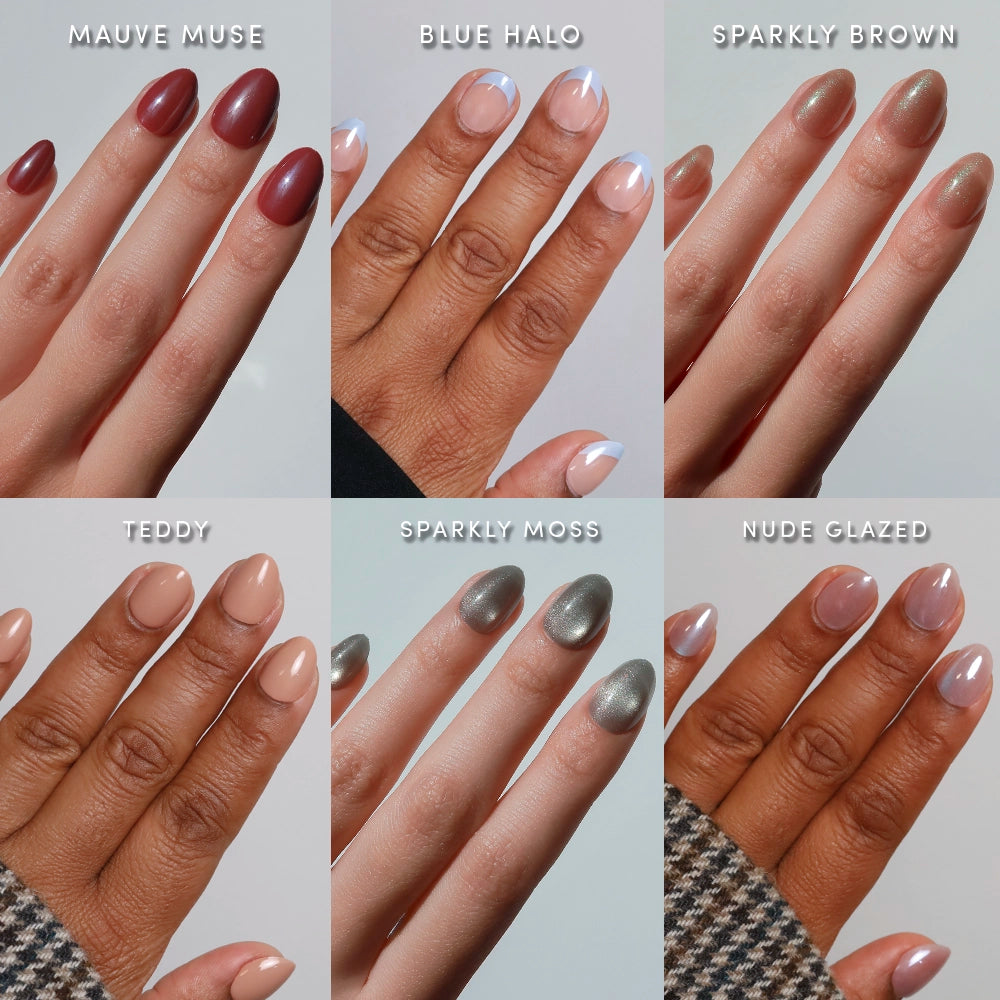 Six close-up shots of hands wearing glamnetic's Oval & Out extra short oval nails in mauve, blue French, sparkly brown, nude, metallic green, and glossy nude styles—each labeled by color. Perfect inspiration for quick press-on manis. - Product image