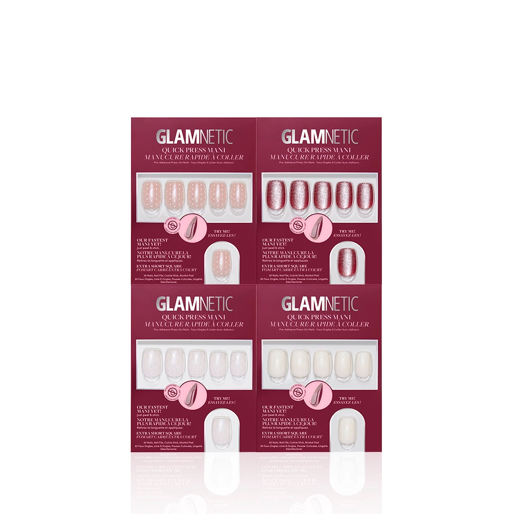 Four boxes of glamnetic Square Shorties press-on nails in pink and white shades are arranged on a white background. Each box shows ten no-glue nails and application instructions. - Product image